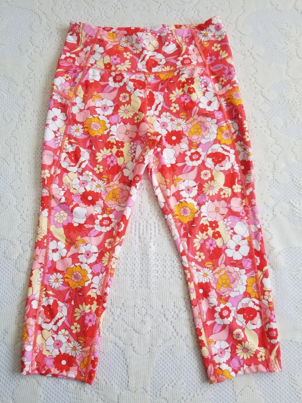 Retro Pink and Orange Floral Cropped Leggings Pockets L(12-14)